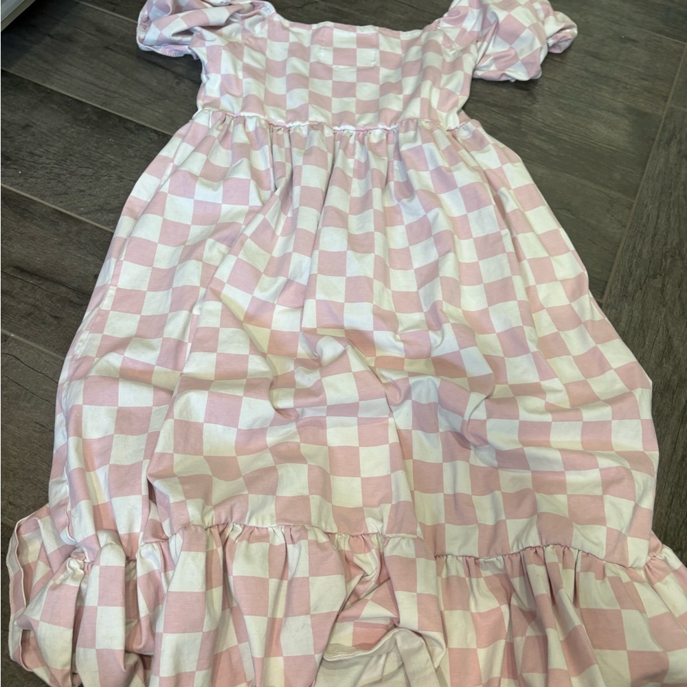 Pink Check Square-Neck Midi Dress with Puff Sleeves